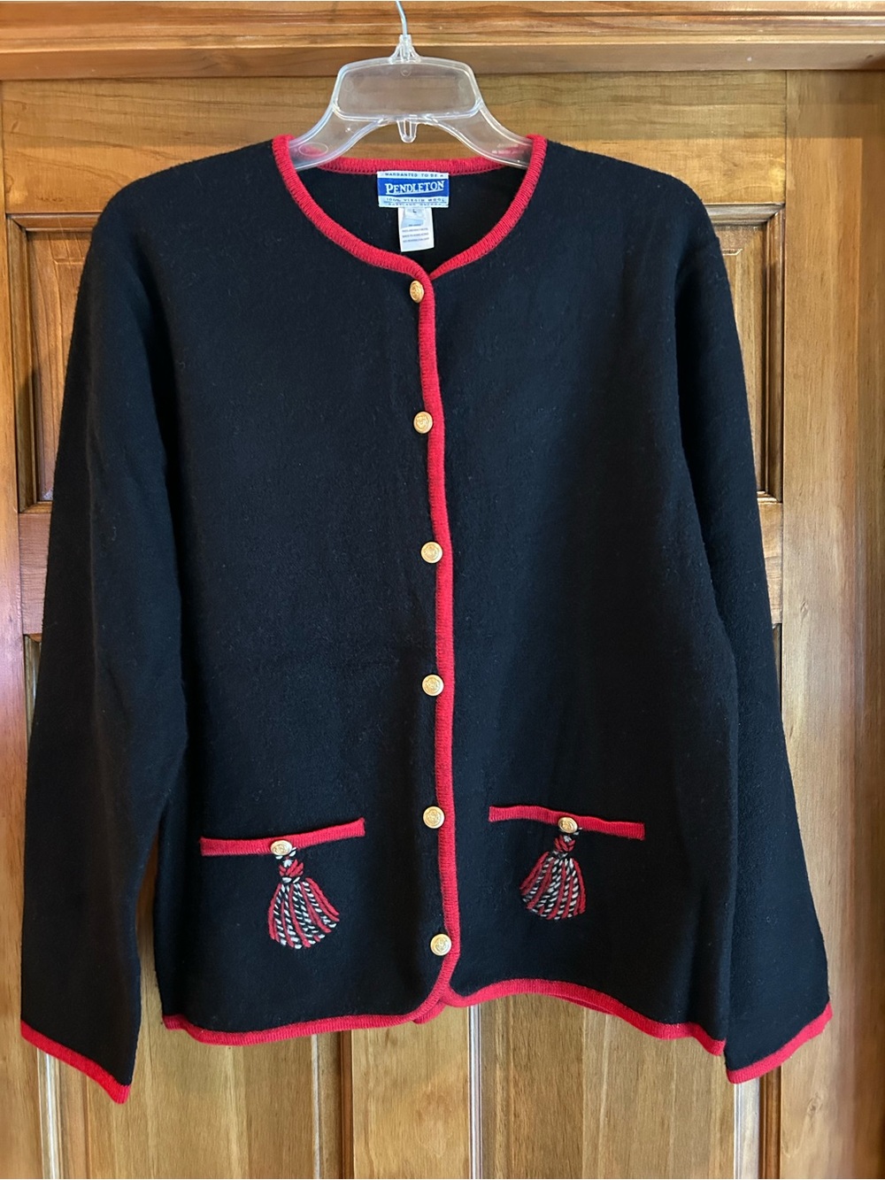 Pendleton Black Wool Sweater Jacket with Red Trim and Tassel Detail